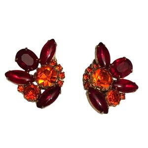 Juliana D&E Mid-Century Mod Red Orange Navette Rhinestone Clip On Earrings